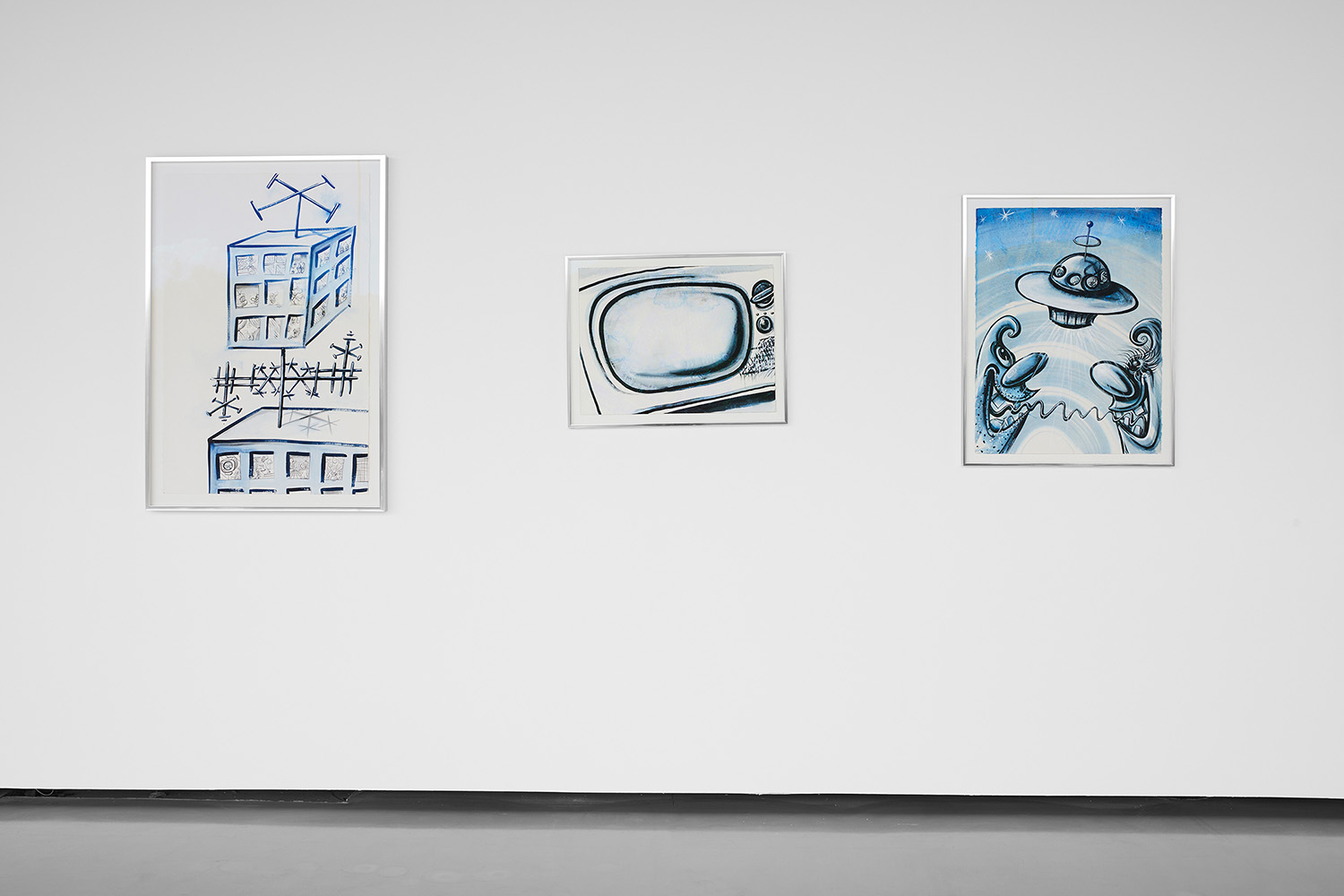 Vue de l’exposition 26 œuvres sur papier de l'artiste Kenny Scharf à la Villa Navarra, Le Muy, France, 2024